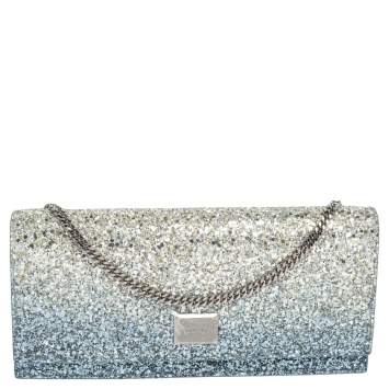 Pre Owned Jimmy Choo Blue Glitter Lilia Chain Clutch 