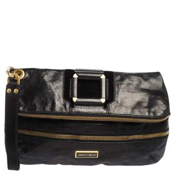 Pre Owned Jimmy Choo Black Leather Mave Foldover Clutch