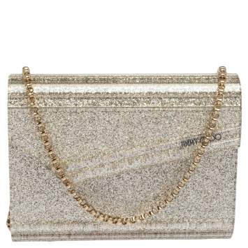 Pre Owned Jimmy Choo Metallic Champagne Glitter Acrylic And Leather Candy Chain Clutch 