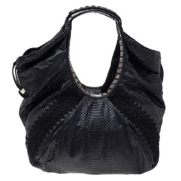 Pre Owned Jimmy Choo Black Python Leather And Lace Embellished Hobo