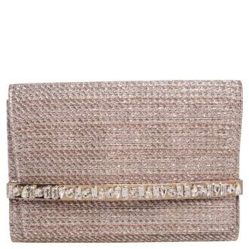 Pre Owned Jimmy Choo Beige/Silver Fabric Crystal Embellished Clutch