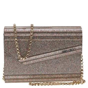 Pre Owned Jimmy Choo Metallic Champagne Glitter Acrylic and Leather Candy Chain Clutch 