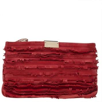 Pre Owned Jimmy Choo Red Leather Fringe Clutch