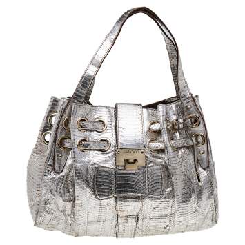 Pre Owned Jimmy Choo Metallic Silver Watersnake Riki Tote