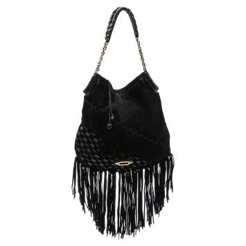 Pre Owned Jimmy Choo Black Suede and Snakeskin Fringed Tatum Hobo