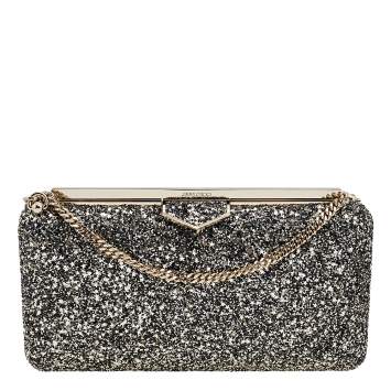 Pre Owned Jimmy Choo Gold/Black Coarse Glitter Ellipse Chain Clutch 