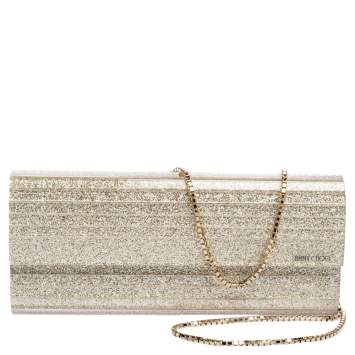 Pre Owned Jimmy Choo Gold Champagne Glitter Acrylic Sweetie Chain Clutch