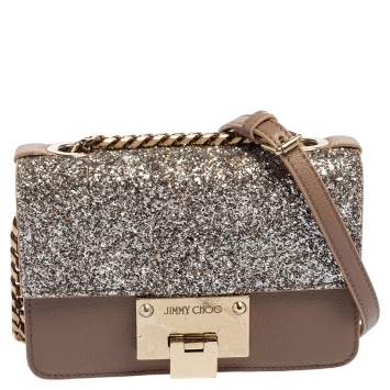 Pre Owned Jimmy Choo Taupe/Silver Glitter and Leather Mini Rebel Crossbody Bag