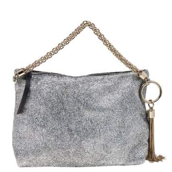 Pre Owned Jimmy Choo Silver Glitter Fabric Chain Clutch