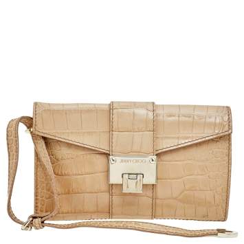 Pre Owned Jimmy Choo Beige Croc Embossed Leather Clutch