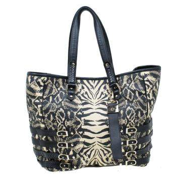 Pre Owned Jimmy Choo Black/Beige Printed Raffia Babeth Shopper Tote