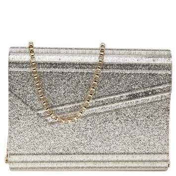 Pre Owned Jimmy Choo Silver Glitter Acrylic Candy Chain Clutch 