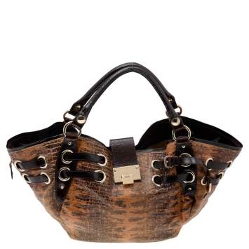 Pre Owned Jimmy Choo Brown Lizard Embossed and Patent Leather Hobo