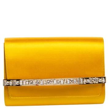 Pre Owned Jimmy Choo Yellow Satin Crystal Embellished Clutch
