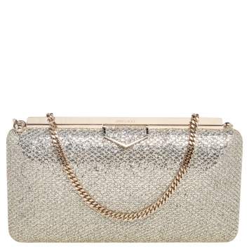 Pre Owned Jimmy Choo Silver/Gold Coarse Glitter Ellipse Chain Clutch 