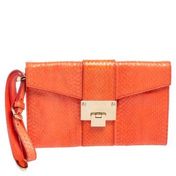 Pre Owned Jimmy Choo Orange Snakeskin Rebel Wristlet Clutch