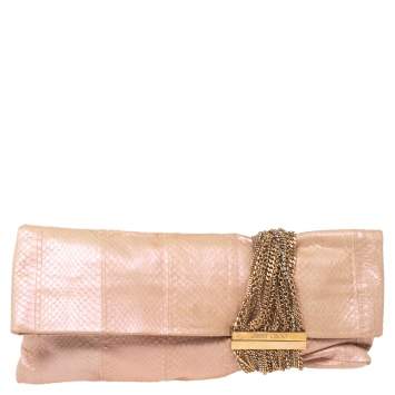 Pre Owned Jimmy Choo Pink Shimmer Snakeskin Chandra Clutch