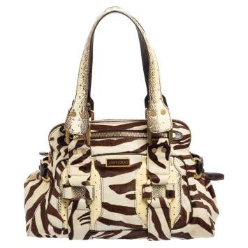 Pre Owned Jimmy Choo Brown/White Zebra Print Calf Hair and Python Malena Satchel