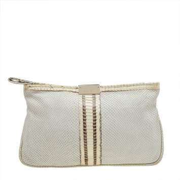 Pre Owned Jimmy Choo Cream Snakeskin and Python Embossed Leather Clutch