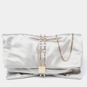 Pre Owned Jimmy Choo Silver Satin Crystal Embellished Chain Clutch