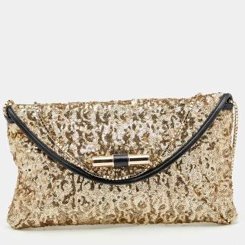 Pre Owned Jimmy Choo Gold/Black Sequin and Leather Chain Clutch