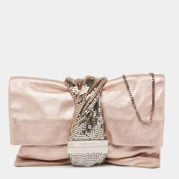 Pre Owned Jimmy Choo Metallic Rose Gold Shimmery Suede Chandra Chain Clutch