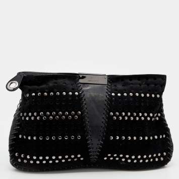 Pre Owned Jimmy Choo Black Perforated Suede and Leather Studded Clutch