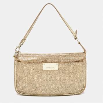 Pre Owned Jimmy Choo Gold Glitter and Mesh Zip Wristlet Clutch Bag