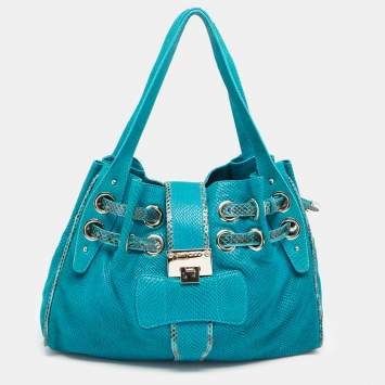 Pre Owned Jimmy Choo Turquoise Embossed Suede and Snakeskin Trim Riki Tote