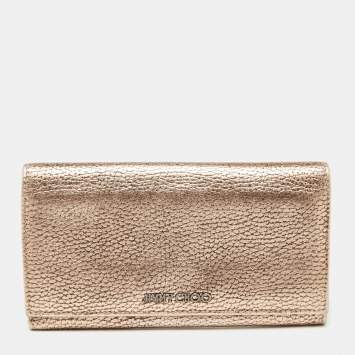 Pre Owned Jimmy Choo Metallic Rose Gold Leather Flap Continental Wallet