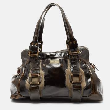 Pre Owned Jimmy Choo Dark Brown/Green Patent Leather and Suede Malena Satchel