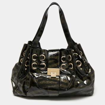 Pre Owned Jimmy Choo Black/Gold Zebra Print Patent Leather Riki Tote