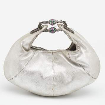 Pre Owned Jimmy Choo Metallic Silver Leather Carina Clutch