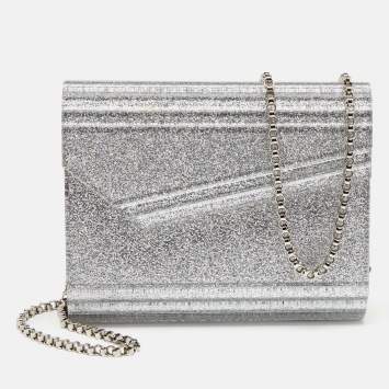 Pre Owned Jimmy Choo Silver Glitter Acrylic Candy Chain Clutch