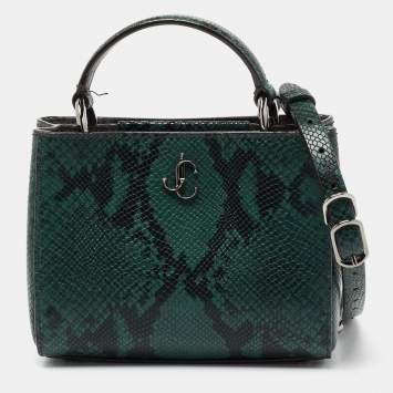 Pre Owned Jimmy Choo Green/Black Python Embossed Leather Mini Varenne Top Handle Bag