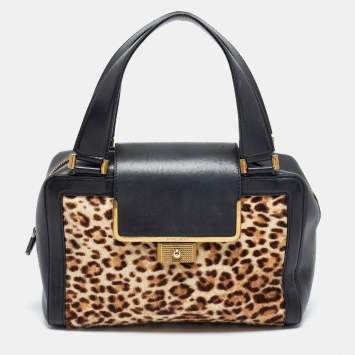 Pre Owned Jimmy Choo Black/Brown Leopard Print Calfhair and Leather Catherine Satchel