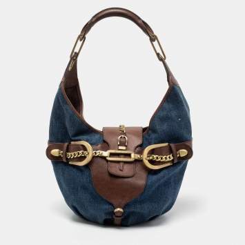 Pre Owned Jimmy Choo Blue/Brown Denim and Leather Tulita Hobo
