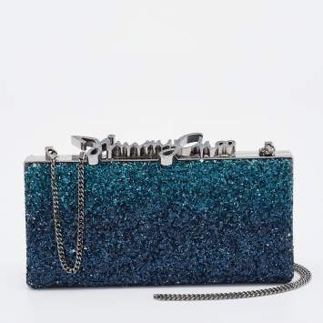 Pre Owned Jimmy Choo Blue Coarse Glitter Celeste Clutch 
