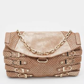 Pre Owned Jimmy Choo Metallic Beige Suede Brix Convertible Shoulder Bag