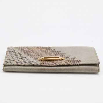 مملوكة مسبقًا Jimmy Choo Grey/Beige Water Snake and Leather Flap Clutch