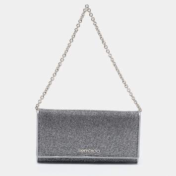 Pre Owned Jimmy Choo Metallic/Silver Glitter and Leather Flap Wallet on Chain
