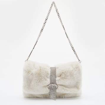 Pre Owned Jimmy Choo White Faux Fur Daisy Crystal Embellished Clutch