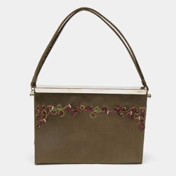 Pre Owned Jimmy Choo Olive Green Satin Frame Beaded Evening Bag