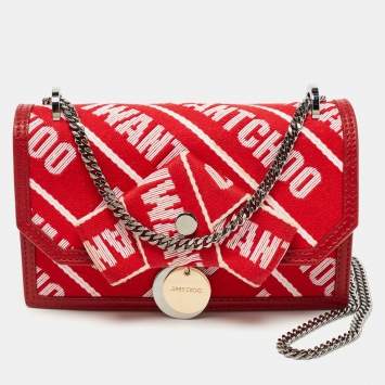Pre Owned Jimmy Choo Red/White Canvas and Leather Logo Tape Bow Finley Shoulder Bag