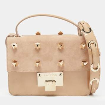 Pre Owned Jimmy Choo Beige Studded Patent Leather and Suede Top Handle Bag