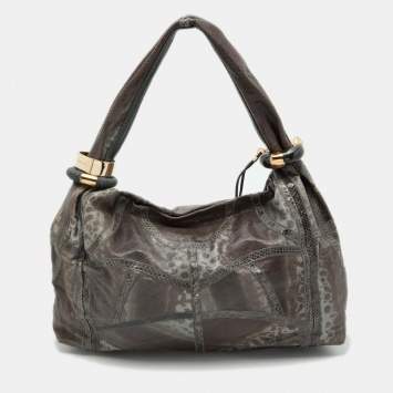 Pre Owned Jimmy Choo Dark Brown/Grey Karung and Watersnake Leather Saba Hobo
