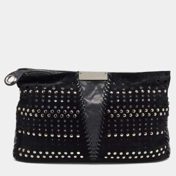 Pre Owned Jimmy Choo Black Perforated Suede and Leather Studded Clutch
