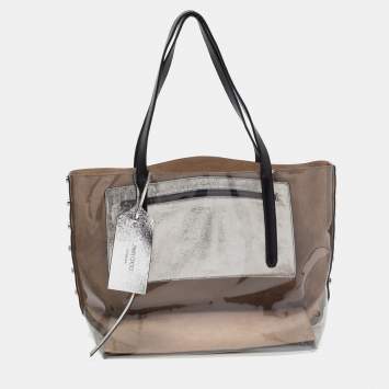 Pre Owned Jimmy Choo Silver/Clear PVC and Leather Name Tag Tote