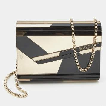 Pre Owned Jimmy Choo Black/Gold Graphic Mirror Patchwork Acrylic and Suede Candy Chain Clutch