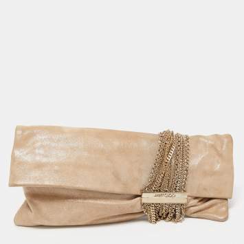 Pre Owned Jimmy Choo Beige Shimmering Suede Chandra Clutch